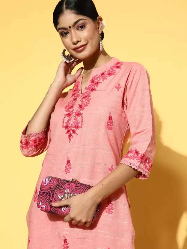 Women Pink Cotton Blend Kurta Pant Set