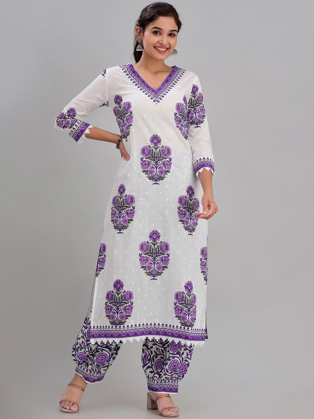 Floral Printed V-Neck Regular Pure Cotton Kurta With Salwar & Dupatta