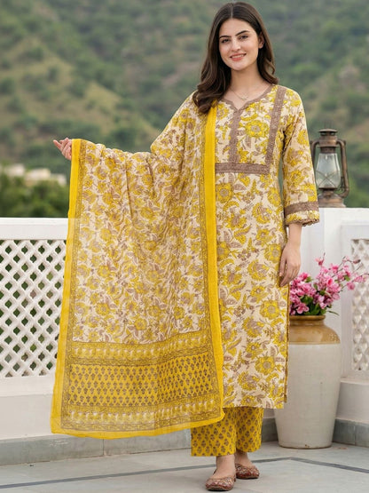 Women Floral Printed Regular Thread Work Pure Cotton Kurta with Trousers & With Dupatta