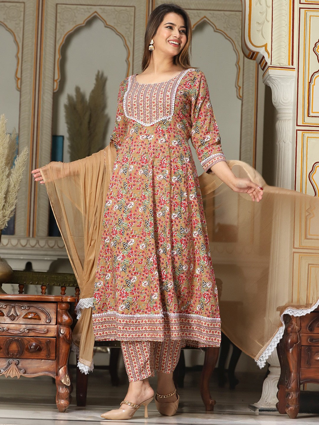 Floral Printed Mirror Work Anarkali Kurta With Trousers & Dupatta