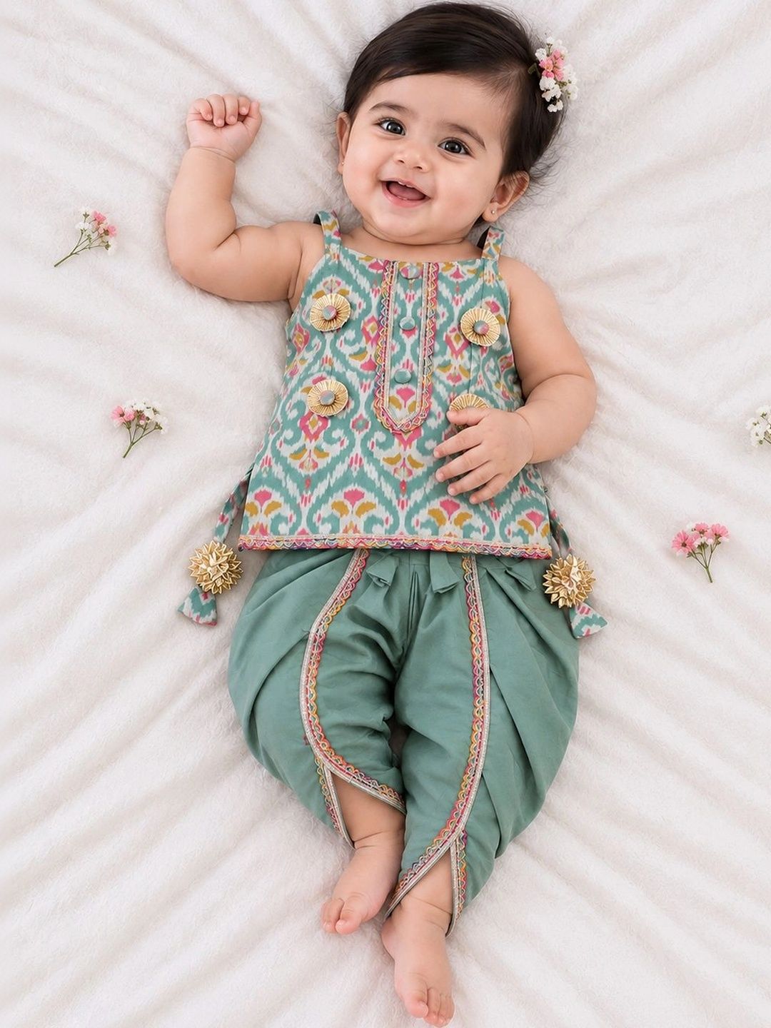 Girls Floral Printed Regular Thread Work Pure Cotton Kurta with Dhoti Pants