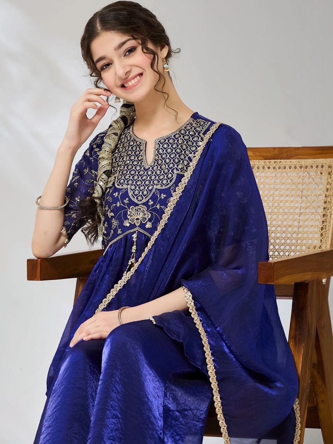 Girls Royal Blue Embroidered Peplum Kurta And Plazzo With Dupatta Set