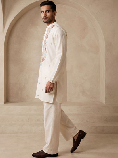 Men Floral Embroidered Regular Thread Work Kurta With Korean Pants