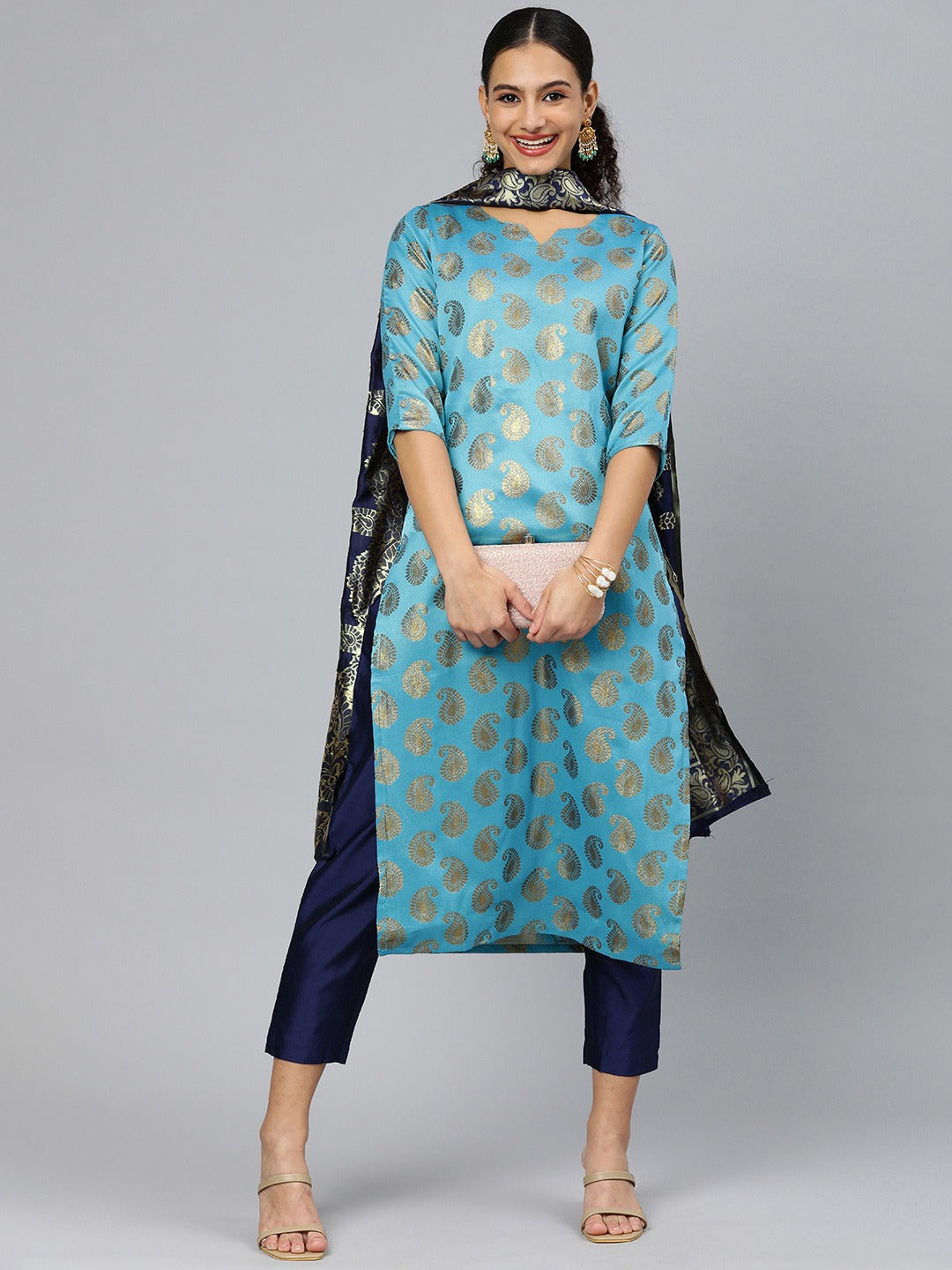 Women Woven Design Paisley Zari Regular Kurta with Trousers & With Dupatta