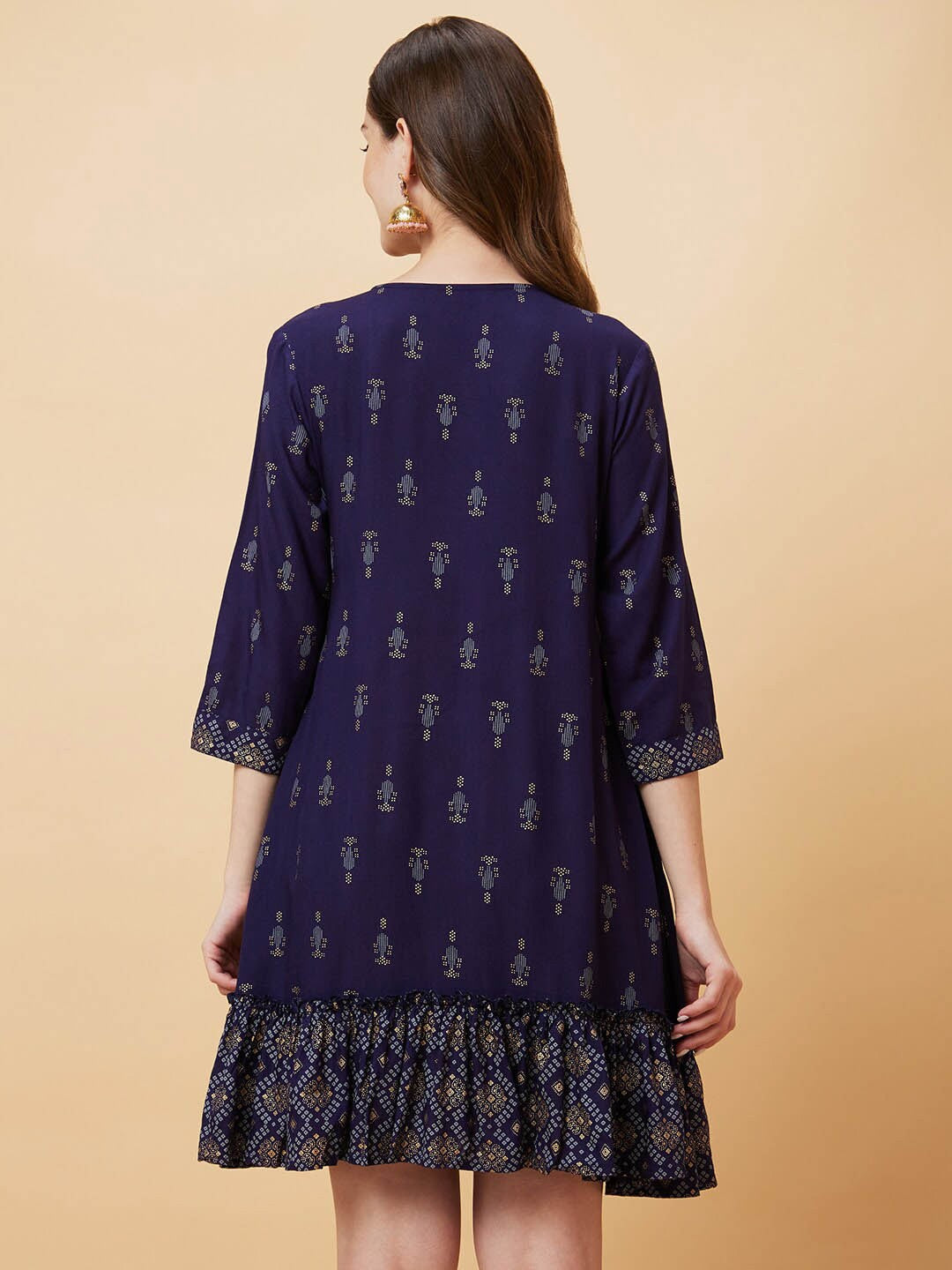 Printed Yoke Design Gathered & Flared A-Line Dress