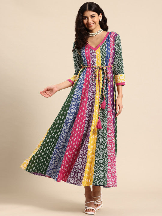 Floral Printed A-Line Maxi Ethnic Dress With Belt