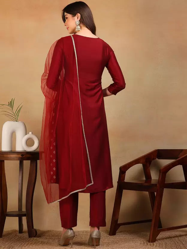 Women Red Silk Blend Kurta Pant Dupatta Set