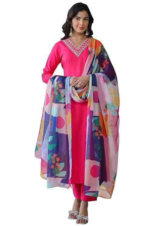 Women Pink Kurta With Pant & Dupatta