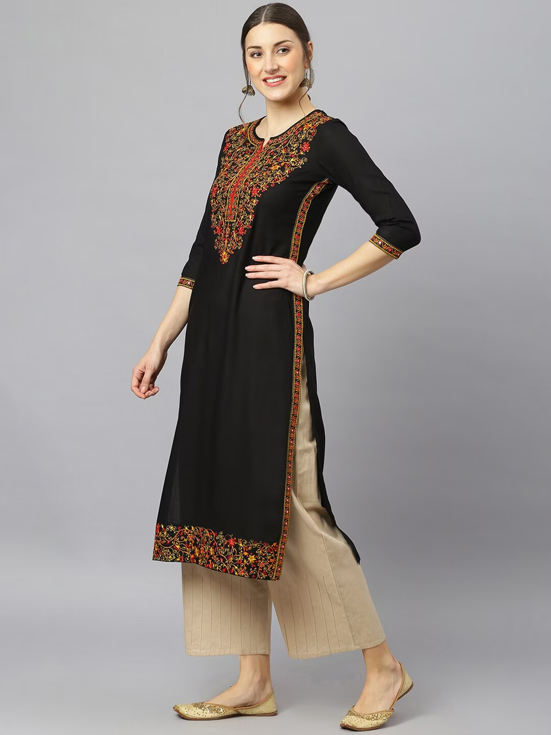 Women Black Embroidered Viscose Rayon Straight Kurta