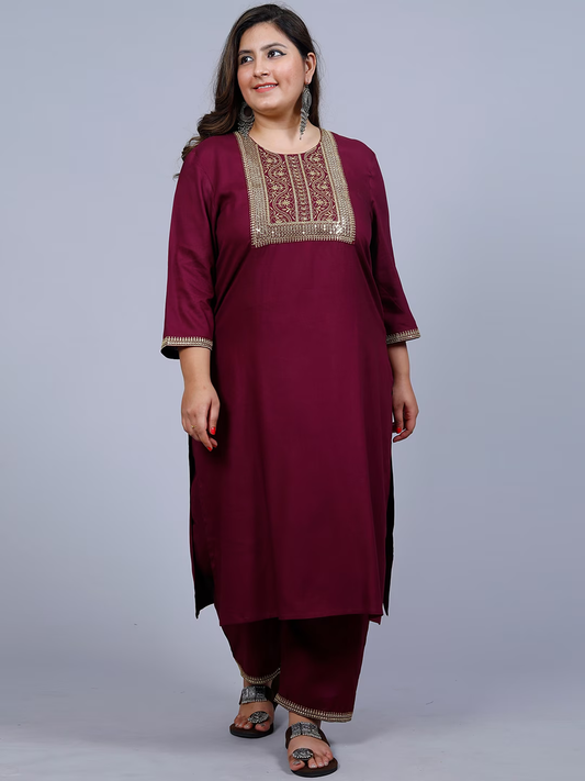 Women Maroon Plus Size Sequinned Kurta with Trousers