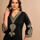 Black Embroidered Regular Thread Work Straight Kurta with Trousers