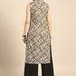 Women Brown And White Printed Keyhole-Neckline Pure Cotton Kurta with Palazzo