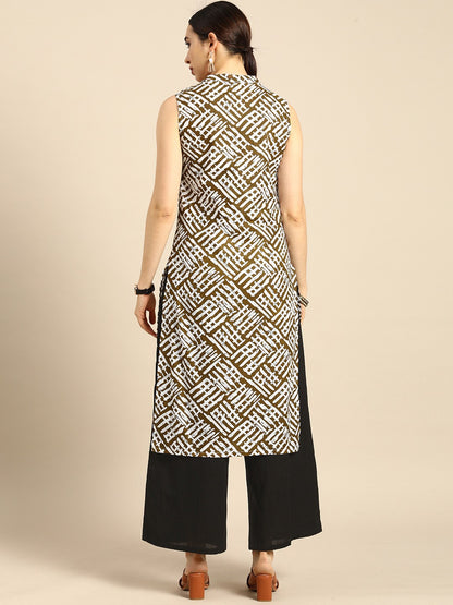 Women Brown And White Printed Keyhole-Neckline Pure Cotton Kurta with Palazzo