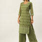 Women Green Ethnic Motifs Embroidered Chikankari Kurta with Palazzos