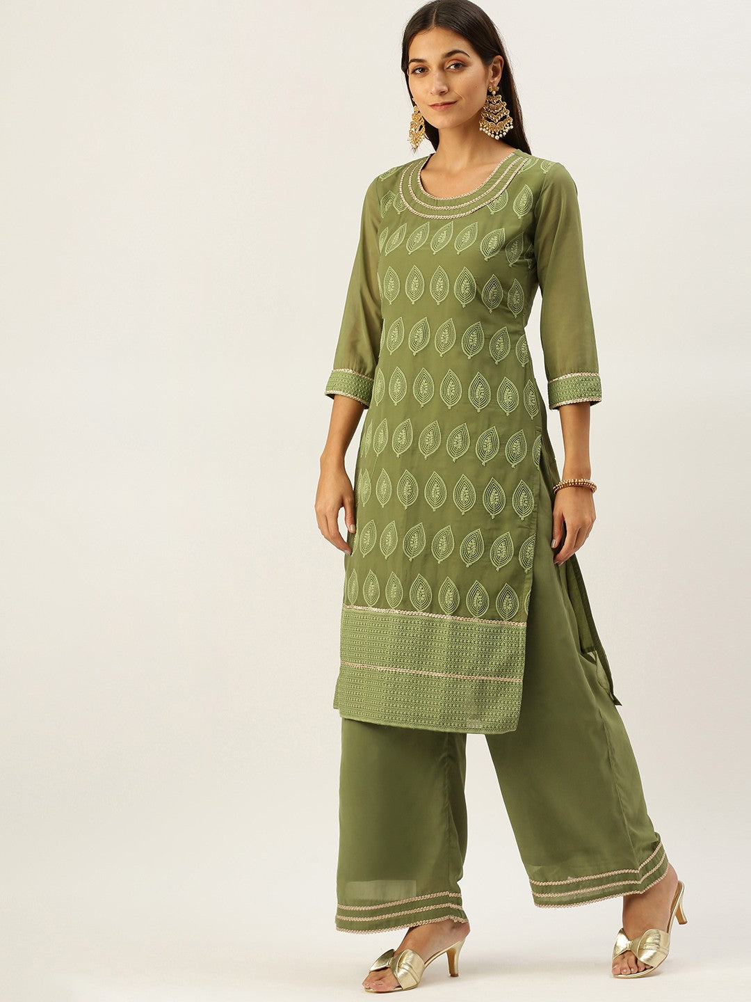 Women Green Ethnic Motifs Embroidered Chikankari Kurta with Palazzos