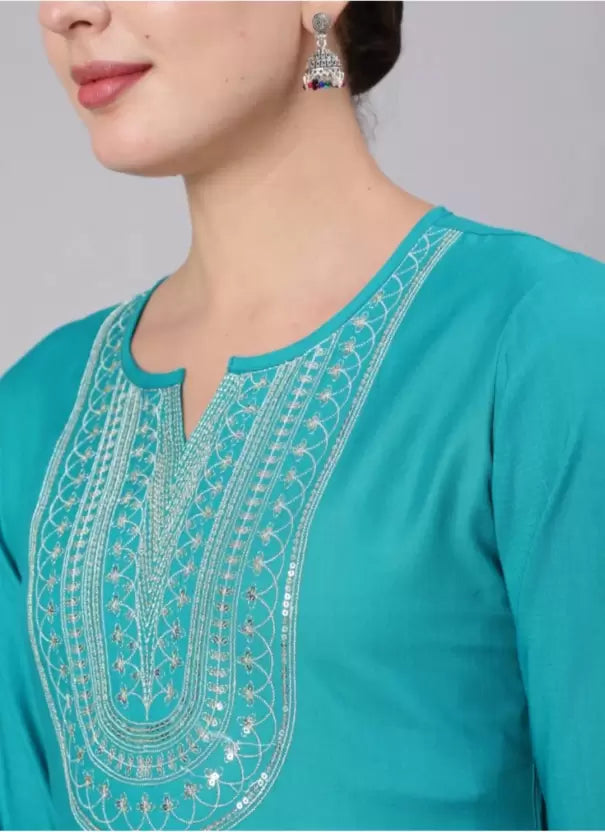 Women Nyra-cut Rayon Kurta set with embroidered Yoke