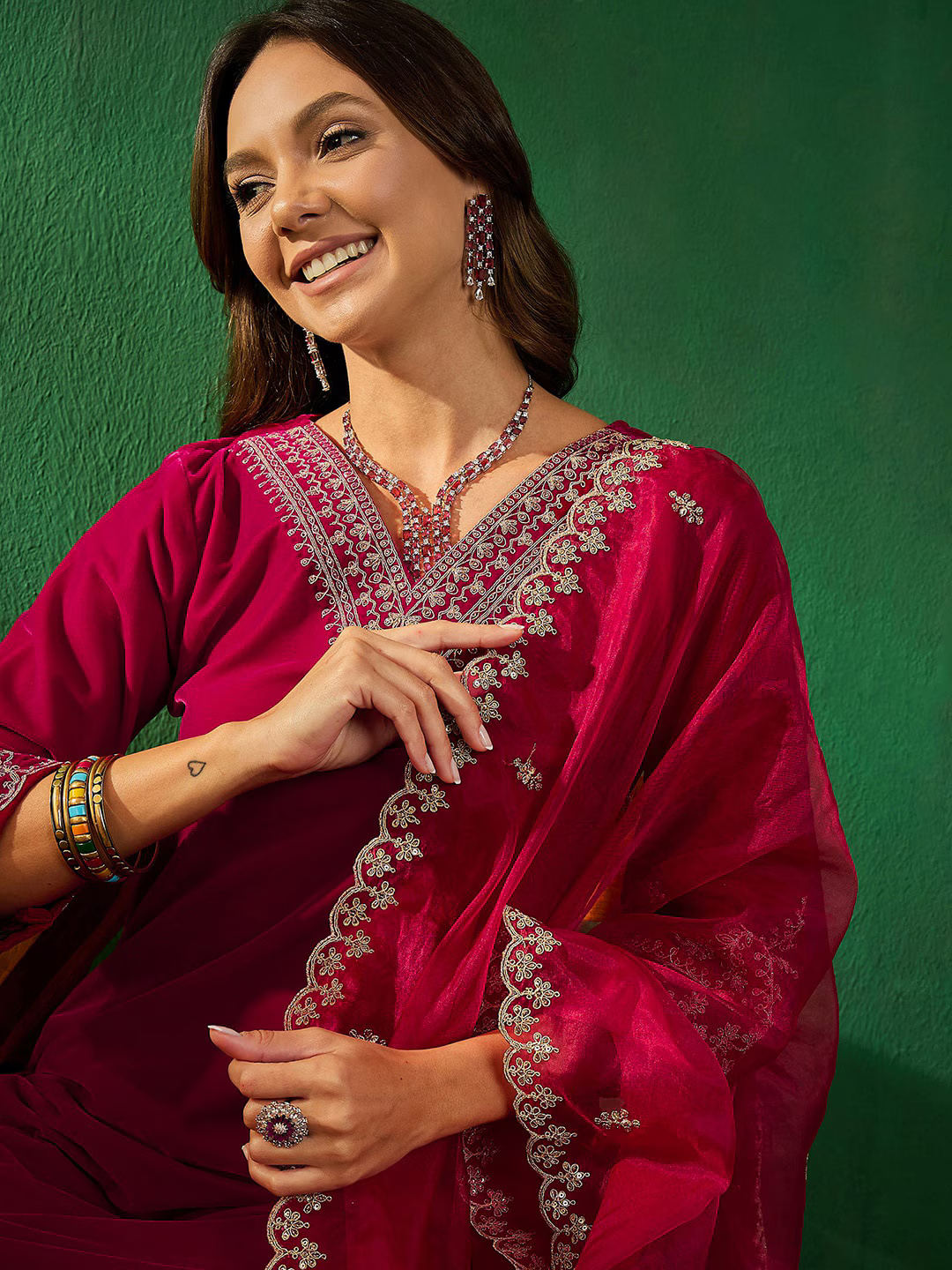 Embroidered V-Neck Kurta With Trousers & Dupatta