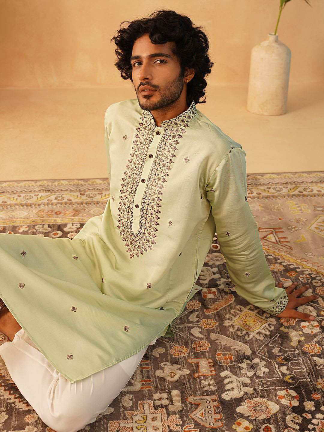 Men Silk Blend Embroidered Sequin Straight Republic Day Kurta with Pyjamas
