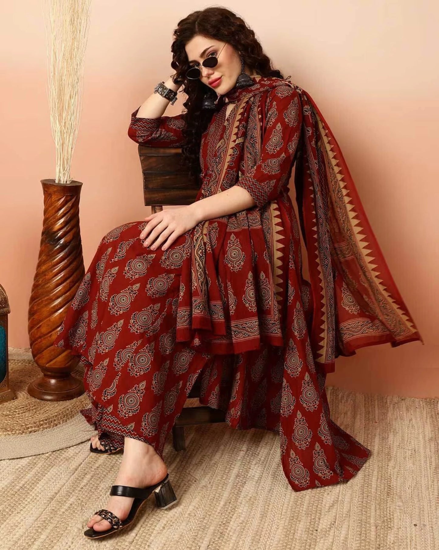 Women Maroon A-line Viscose Rayon Kurta Pant Dupatta Set