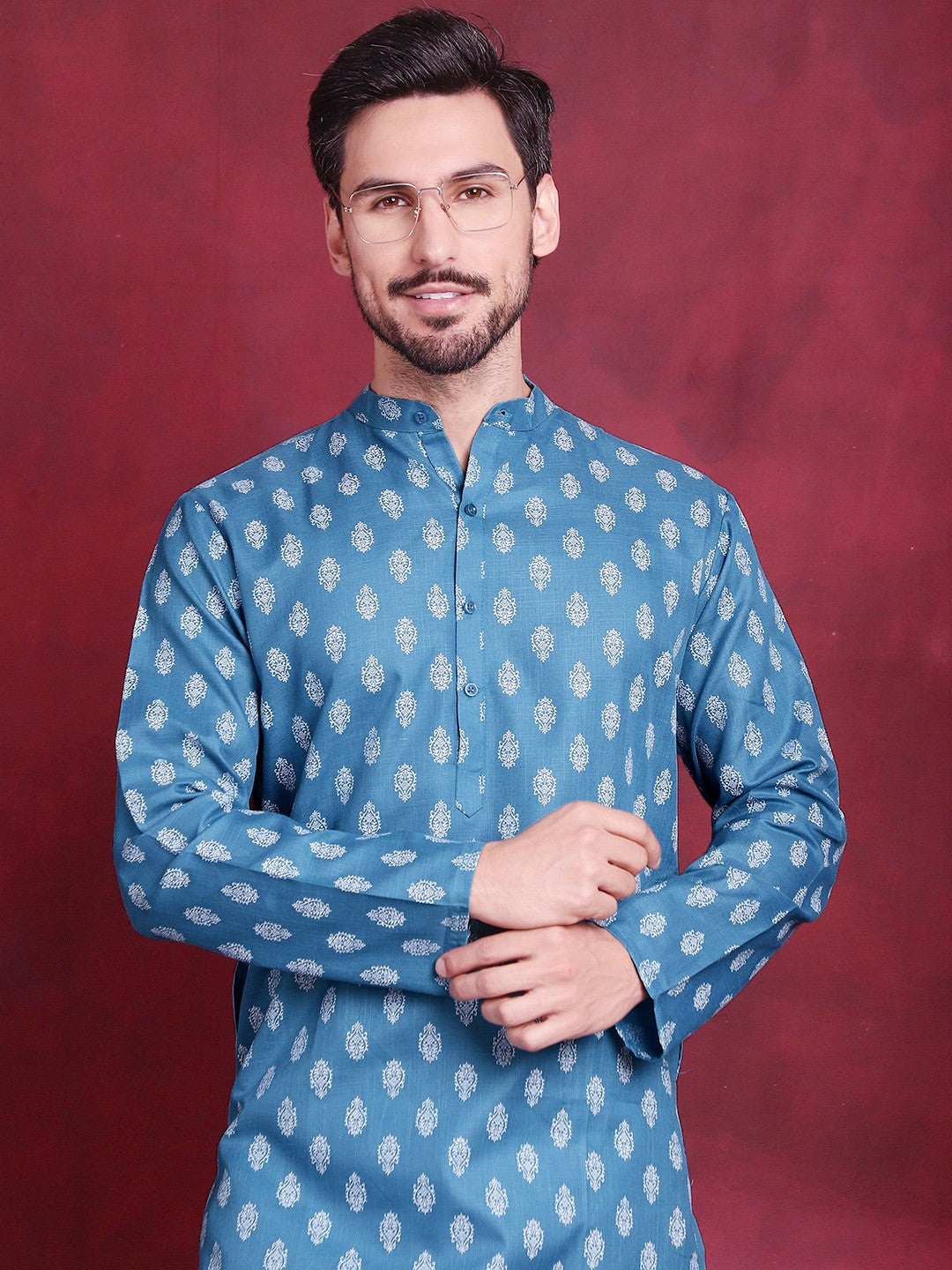 Men Blue Ethnic Motif Printed Straight Kurta