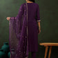 Magenta Floral Embroidered Notch Neck Straight Kurta With Trouser & Dupatta