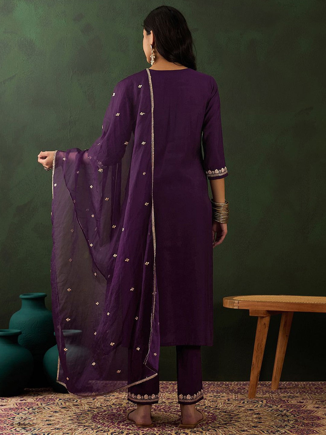 Magenta Floral Embroidered Notch Neck Straight Kurta With Trouser & Dupatta