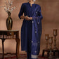 Mandarin Collar Pleated Straight Kurta with Trousers & Dupatta