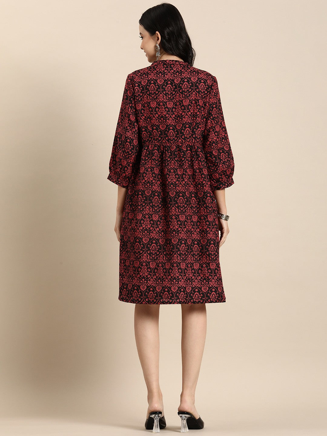 Ethnic Motifs Print Puff Sleeves A-Line Dress