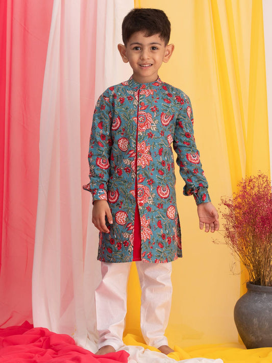 Boys Floral Printed Straight Kalamkari Pure Cotton Kurta With Pyjamas