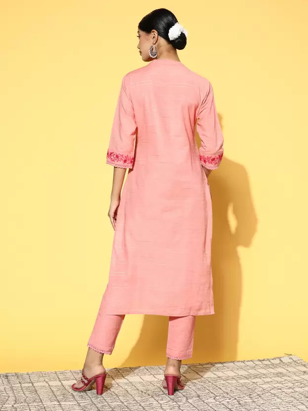 Women Pink Cotton Blend Kurta Pant Set