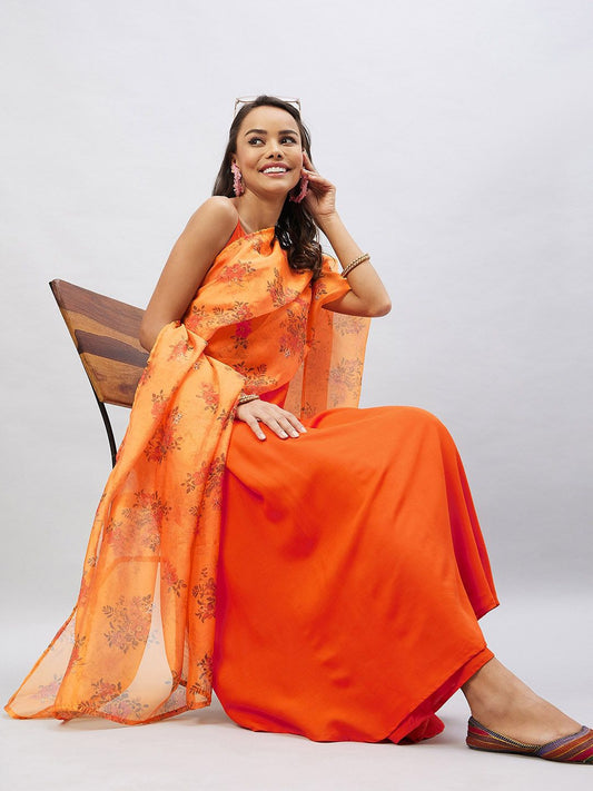 Women Orange Pleated Kurta with Palazzos & With Dupatta