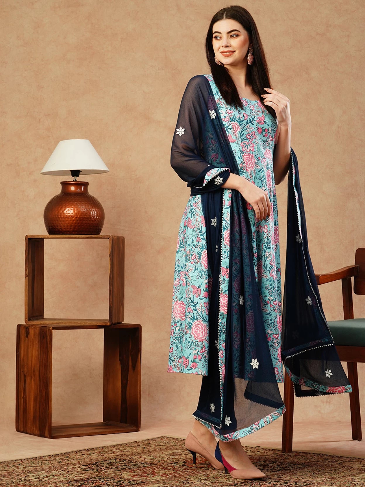 Women Blue Cotton Blend Kurta Pant Dupatta Set