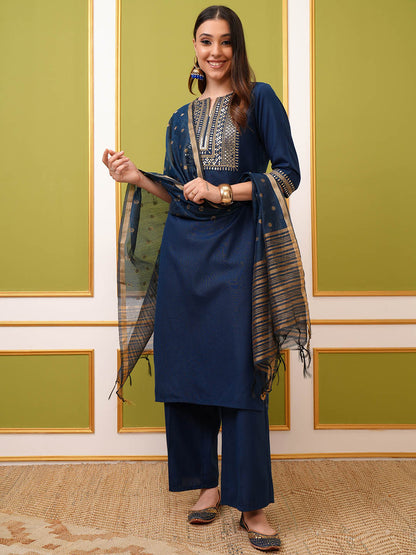 Ethnic Motifs Yoke Designed Sequined Straight Kurta with Palazzos & Dupatta - Amy's Cart