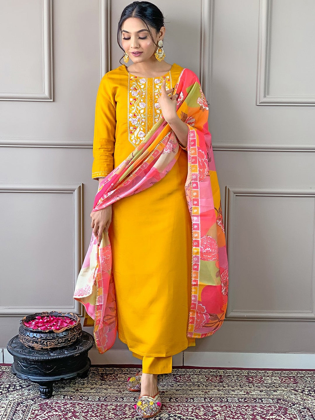 Floral Embroidered Straight Kurta With Trousers & Dupatta