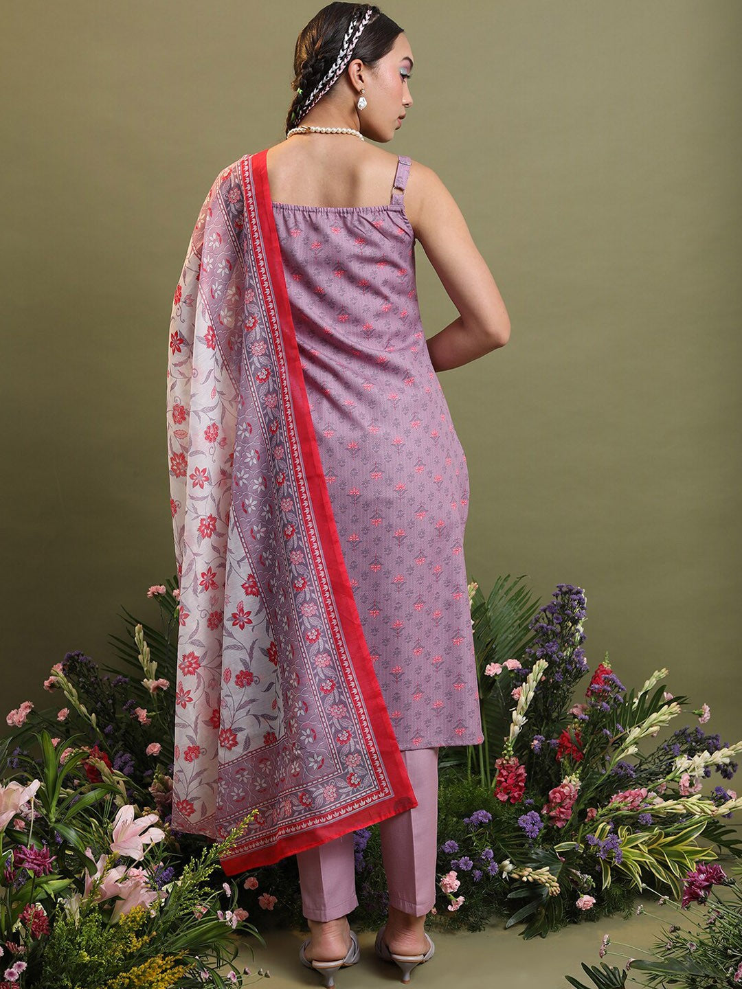 Mauve Floral Printed Straight Kurta with Trousers & Dupatta