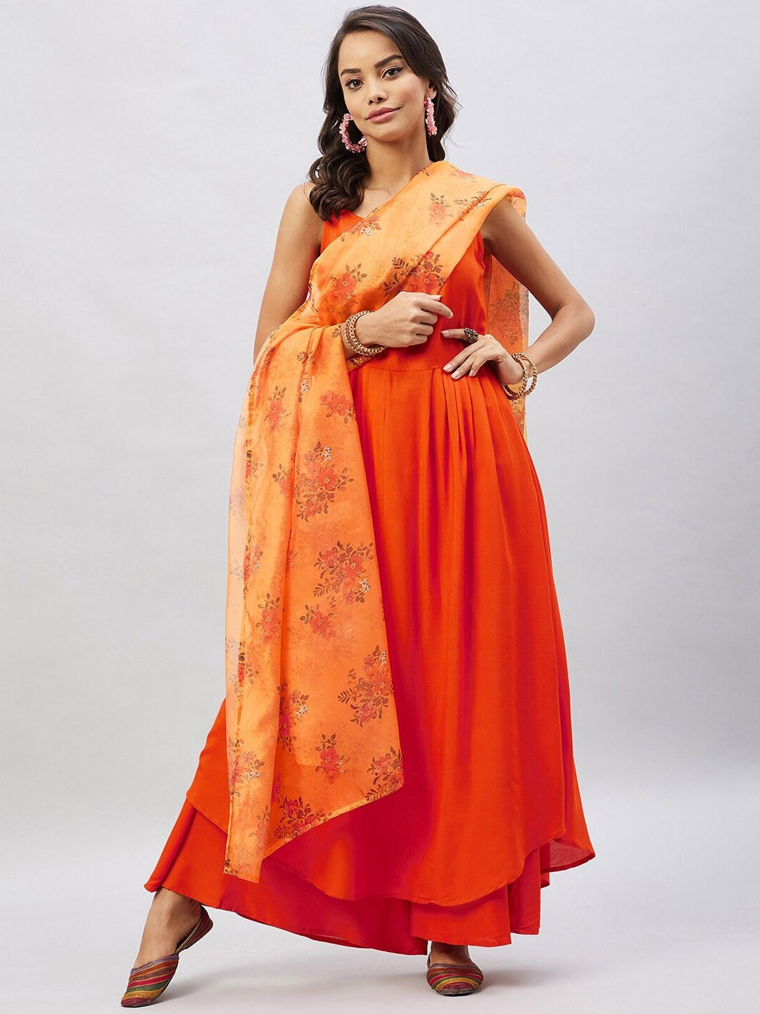 Women Orange Pleated Kurta with Palazzos & With Dupatta