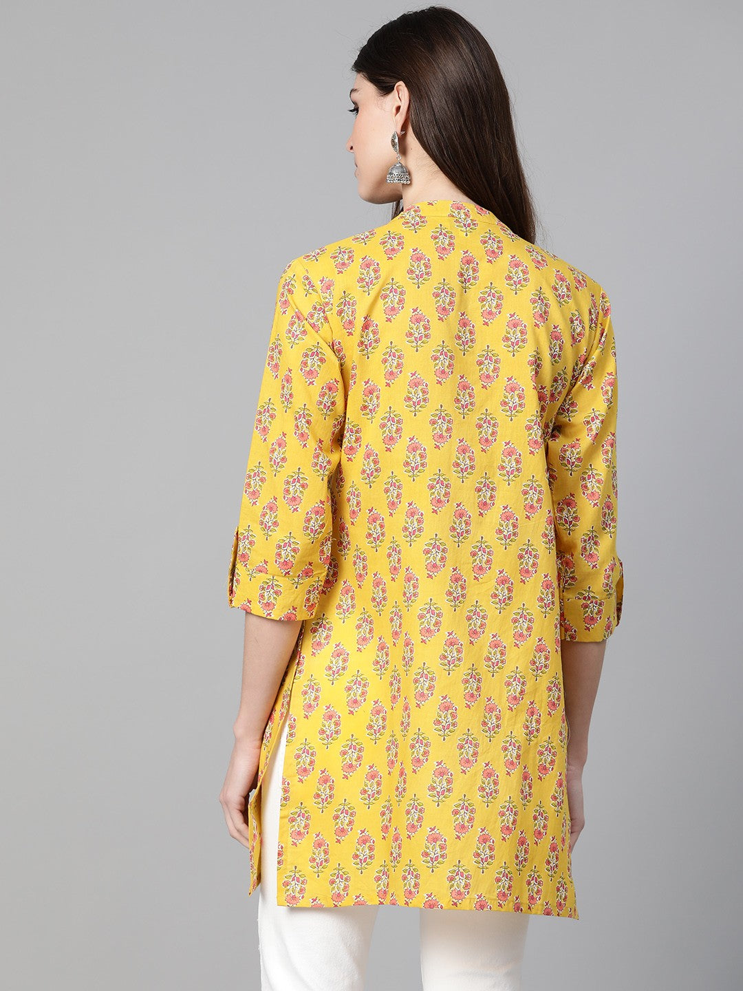 Women Mustard Yellow & Pink Floral Print Tunic