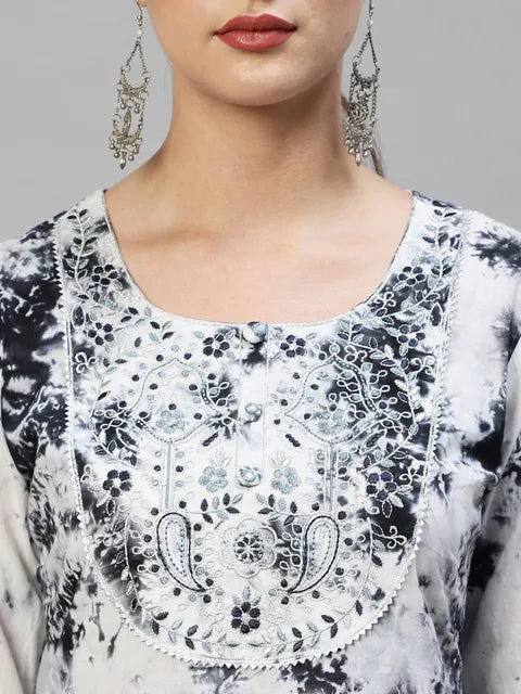 Tie- Dye Printed & Embroidered Straight Kurta with Pants & Dupatta - White & Black