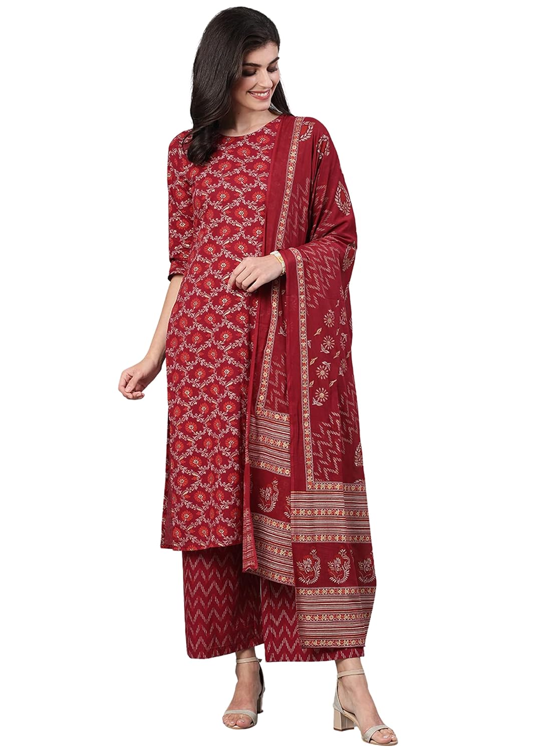 Women's Rayon Printed Straight Kurti with Palazzos and Dupatta Set