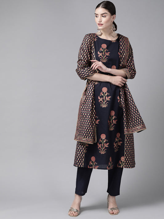 Women Navy Blue Ethnic Motifs Printed Kurta with Trousers & With Dupatta