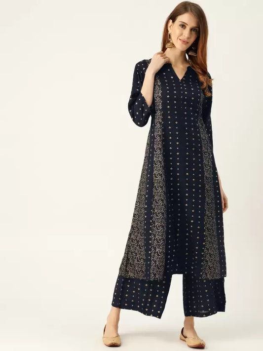 Women Blue Viscose Rayon Kurta Palazzo Set