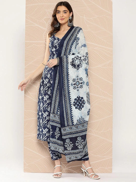 Women's Blue Rayon Blend Straight Printed Kurta with Pant & Dupatta