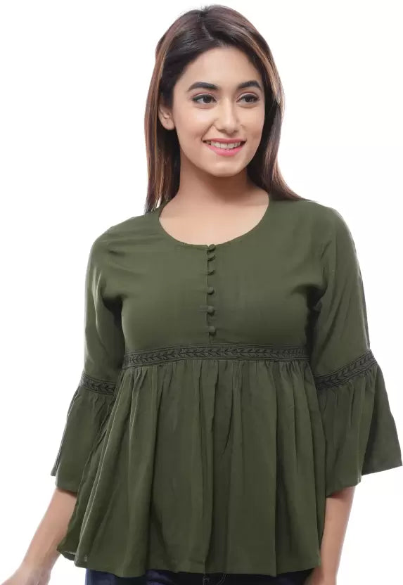 Casual Regular Sleeves Embroidered Women Green Top