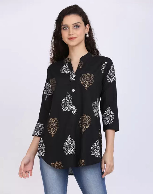 Casual Regular Sleeves Printed Women Black Top