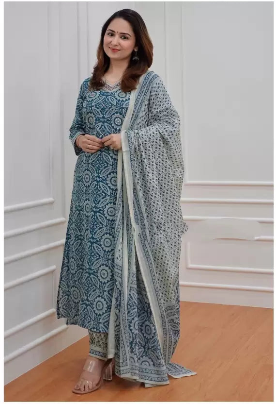 Women Blue Pure Cotton Kurta Pant Dupatta Set