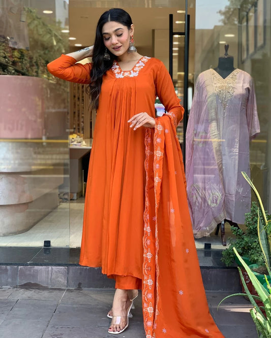 Women Orange A-Line Kurta pant dupatta set