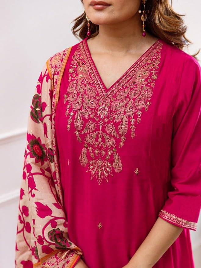 Women Silk Embroidered Kurta and Pant Set with Dupatta