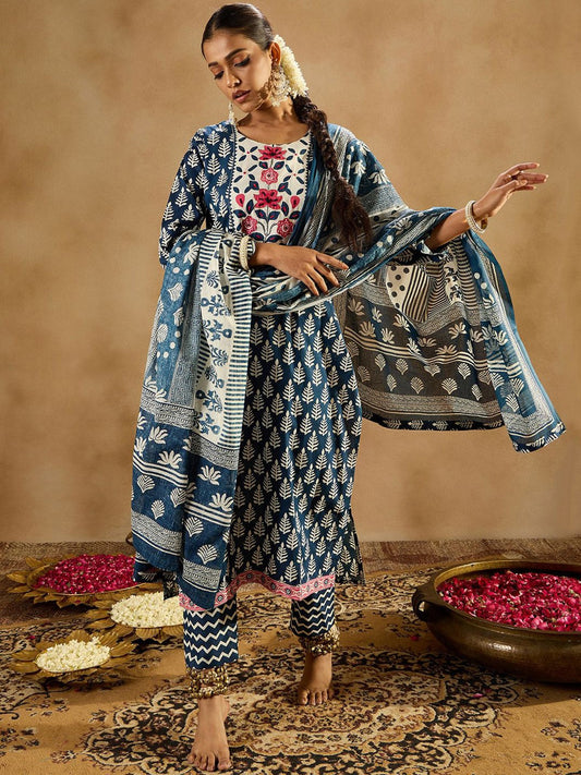 Women Ethnic Motifs Printed Regular Thread Work Pure Cotton Kurta with Trousers & With Dupatta