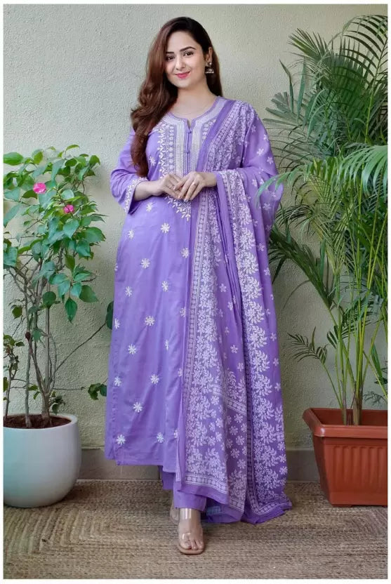 Women Purple Cotton Blend Kurta Pant Dupatta Set