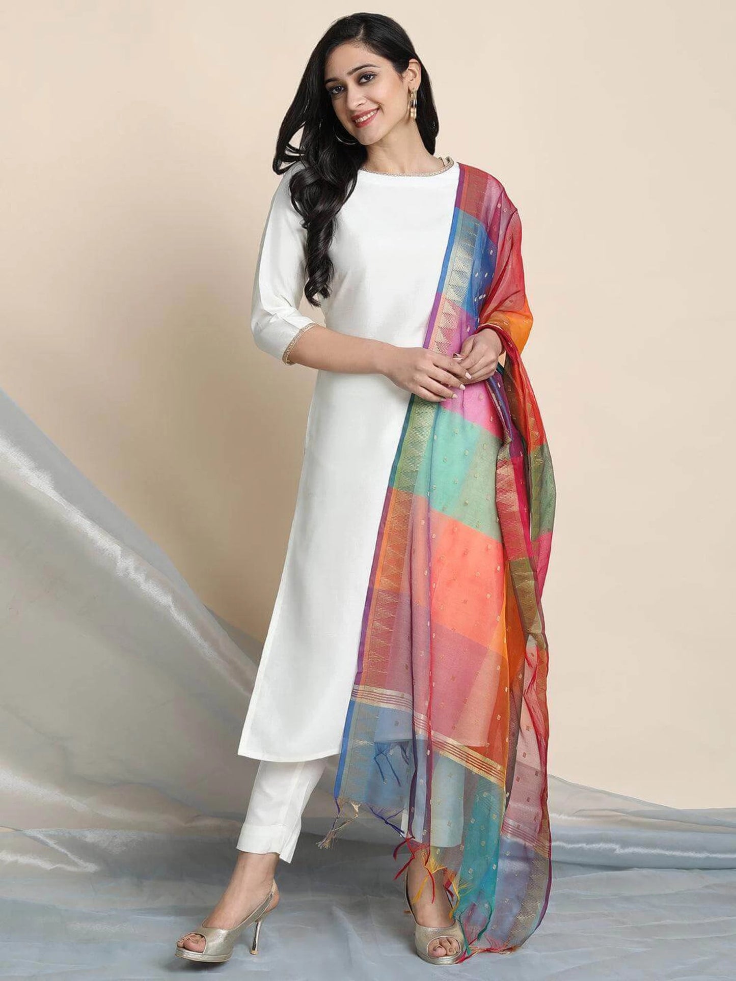 Women Silk Blend Kurta Pant Dupatta Set with colorful Dupatta